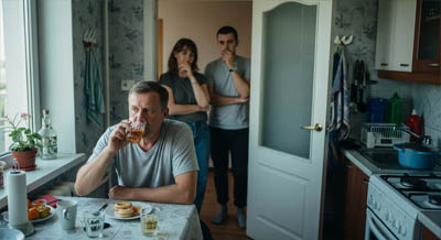 Мать и сын смотрят, как отец выпивает на кухне